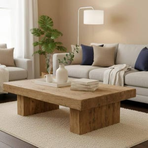 May include: A rectangular, light brown wooden coffee table with a natural finish. The table sits on two thick, rectangular legs. A white tray with a mug and vase, and a stack of books are on the table. The table is in a living room setting.