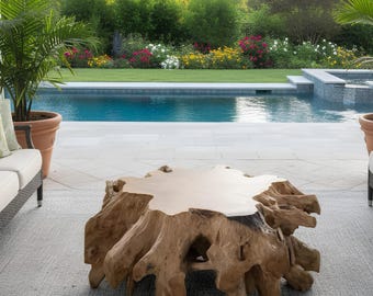 Mesa de centro de raíz orgánica, mesa de centro de raíz de árbol hecha a mano, mesa de madera con borde natural, muebles esculturales de madera natural.