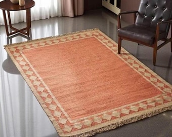 Natural Jute Kilim Rug - Boho Tribal Area Rug for Living Room, Farmhouse Flatweave Carpet, Eco-Friendly Rustic Home Decor