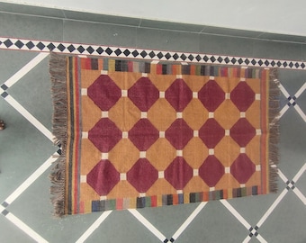 Handwoven Wool Jute Kilim Rug Runner, Living Room And Geometric Runner-Rug, Navajo Kilim-Rug,