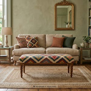Solid Wood Upholstered Bench, Vintage Style Indian Bench for Living Room, Handwoven Jute Fabric Footstool, Entryway Furniture I