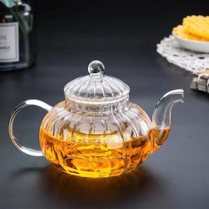 Tetera de cristal resistente al calor, tetera floral a rayas, tetera de cristal hecha a mano, mini tetera de 400 ml, tetera con infusor, regalo de Navidad