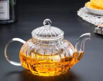 Bule de vidro resistente ao calor, bule com estampa floral listrada, bule de vidro artesanal, mini bule de 400ml, bule com infusor, presente de Natal