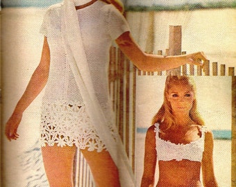 Vintage SwimSuit Crochet Pattern PDF Beach Dress 1970's Lace Flowers