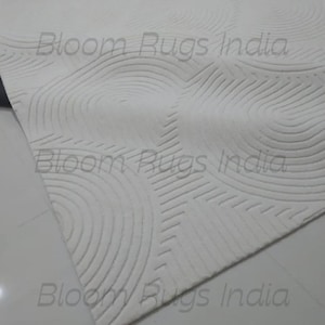 Hand Tufted White Carved Rug Modern Minimalist Textured Pattern Soft Wool Area Carpet Contemporary Living Room Design Handmade