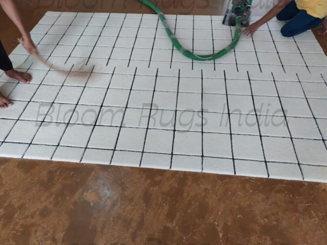 Hand Tufted Wool Rug White Black Grid Carving Modern Geometric Pattern ...