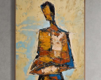 Original Hand-Painted Abstract Figure Oil Painting, Color Block Modern Portrait, Textured Canvas Wall Art, Large Bold Minimalist Home Decor