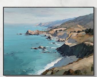 Original Coastal View Oil Painting, Hand Painted Cliffside Seascape Canvas, Large Abstract Blue Ocean Landscape Art, Serene Wall Decor