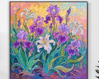 Original Iris Flower Oil Painting, Handmade Impasto Botanical Wall Art, Textured Purple Floral Canvas, Modern Large Bold Color Garden Decor