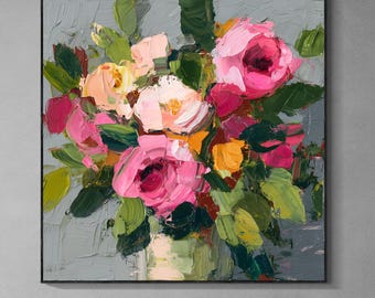 Original Impasto Floral Oil Painting, Handmade Palette Knife Rose Bouquet Art, Bold Textured Wall Decor, Large Pink Red Green Modern Canvas