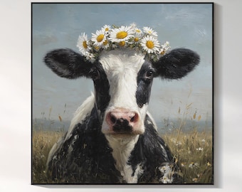 Cow Oil Painting, Daisy Flower Crown Wall Art, Black White Cattle Portrait, Farmhouse Animal Canvas, Rustic Country Home Decor