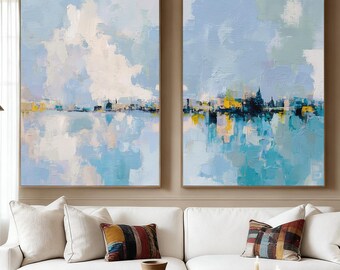Original Abstract Cityscape Oil Painting, Hand Painted Skyline Canvas Set, Blue Modern Wall Art, Textured Urban Landscape for Living Room
