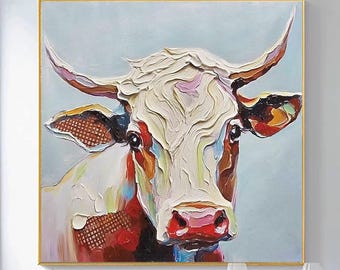 カラフルな質感の牛の絵画、キャンバスに描かれたオリジナルの油絵