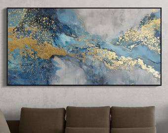 Pintura al óleo abstracta original pintada a mano con pan de oro, arte moderno azul y gris, obra de arte en lienzo para sala de estar, arte mural contemporáneo.