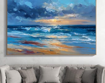Original Hand Painted Oil Painting, Abstract Ocean Seascape Art, Textured Blue Coastal Canvas,Colorful Beach Wall Decor,Large Modern Artwork