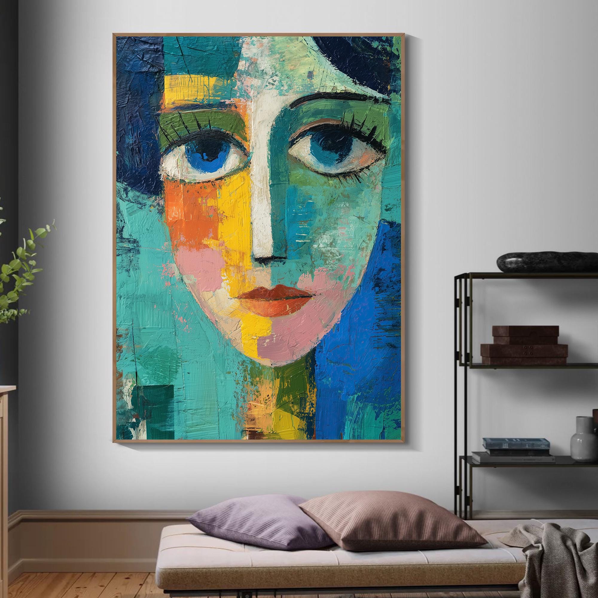 Original Abstract Woman Oil Painting, Large Hand Painted Modern Face ...