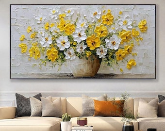 Original Floral Oil Painting,Handmade Yellow White Flower Wall Art,Textured Impasto Vase Artwork,Large Horizontal Canvas,Modern Rustic Decor
