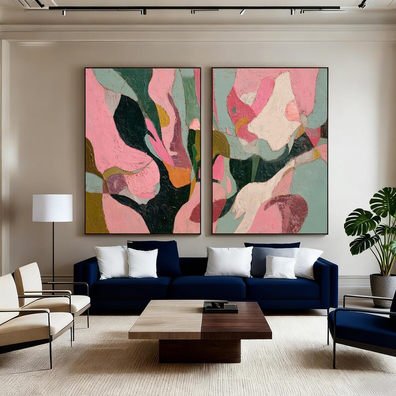 Original Abstract Oil Painting, Hand Painted Pink Green Canvas Art ...