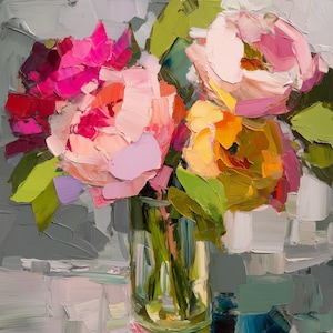 May include: An oil painting of a bouquet of flowers in a clear glass vase. The flowers are a mix of pink, peach, and yellow, with green leaves. The background is a textured gray.