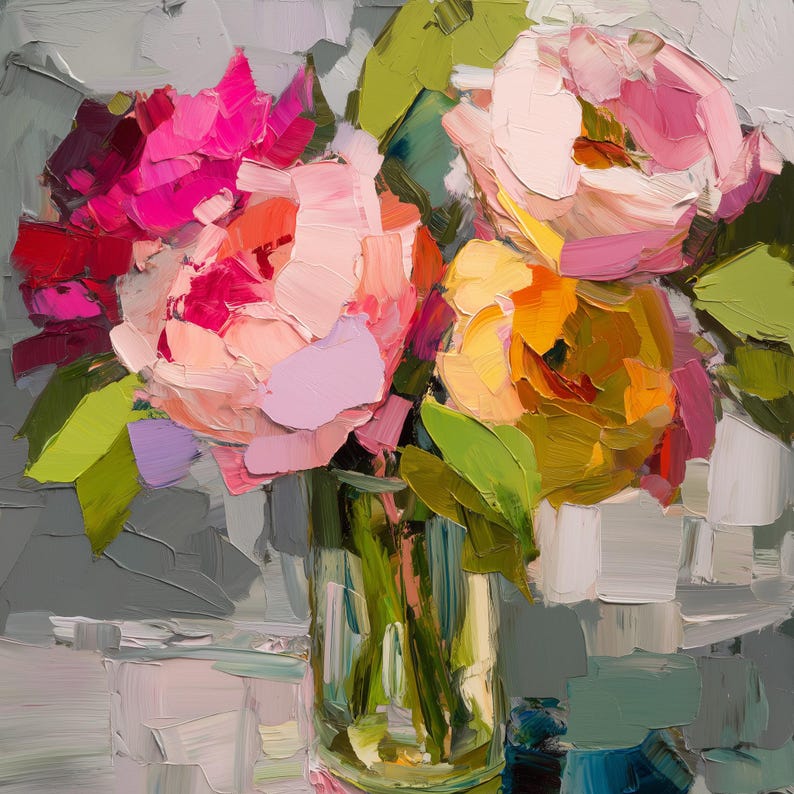 May include: An oil painting of a bouquet of flowers in a clear glass vase. The flowers are a mix of pink, peach, and yellow, with green leaves. The background is a textured gray.