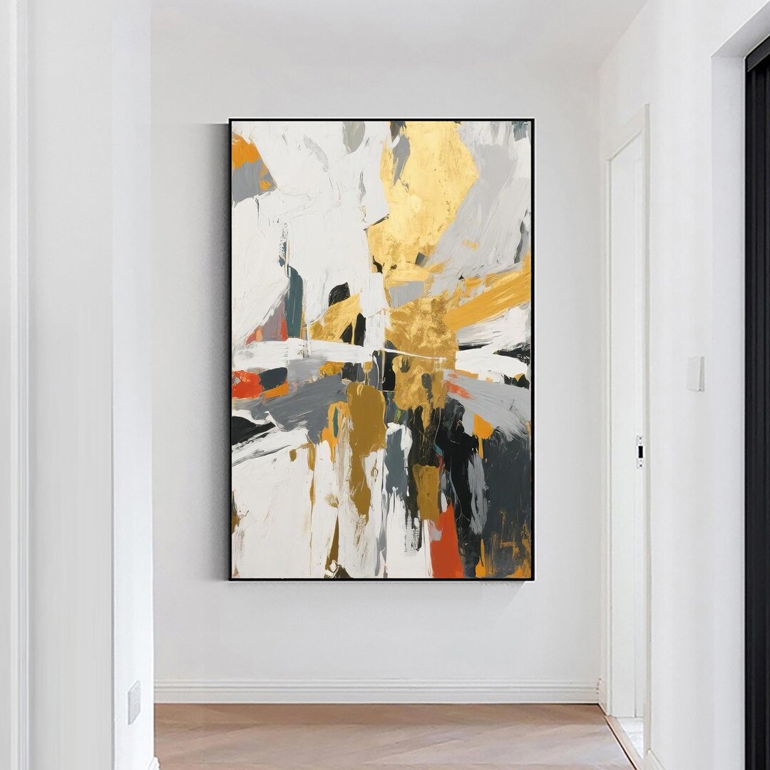 Bold Neutral Gold Leaf Abstract Painting, Original Hand-painted Urban ...
