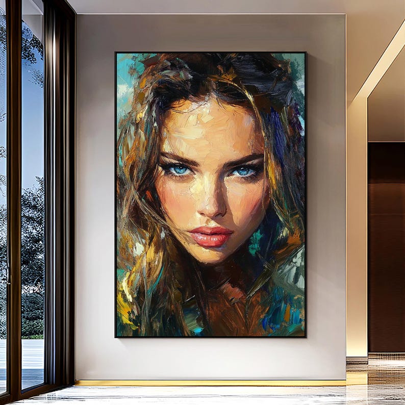 Original Woman Oil Painting, Hand Painted Blue Eyes Portrait, Modern ...