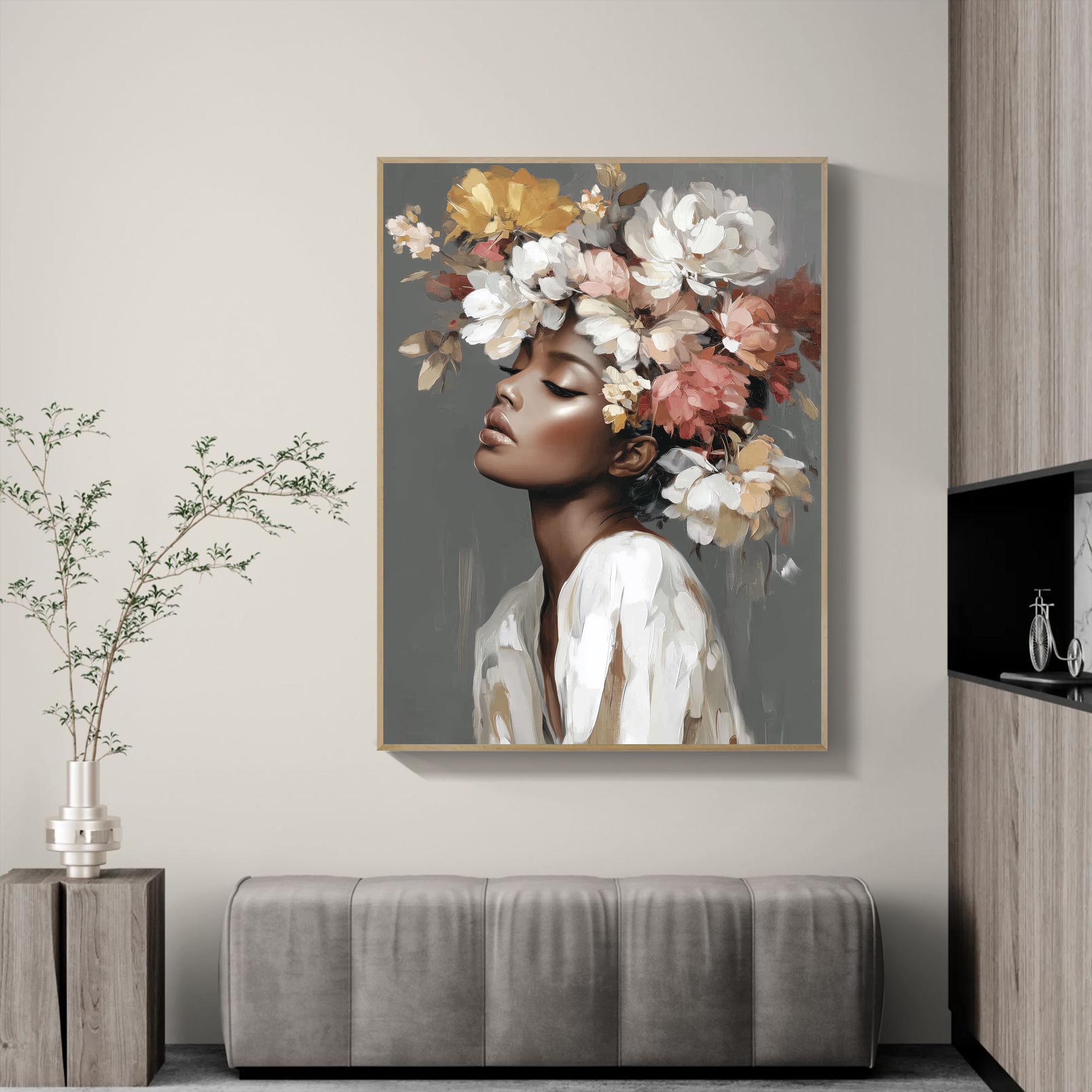 Original Floral Woman Portrait, Hand Painted Oil Canvas, Elegant Black Female Art, Modern Romantic Wall Decor, Large Flower Crown Painting