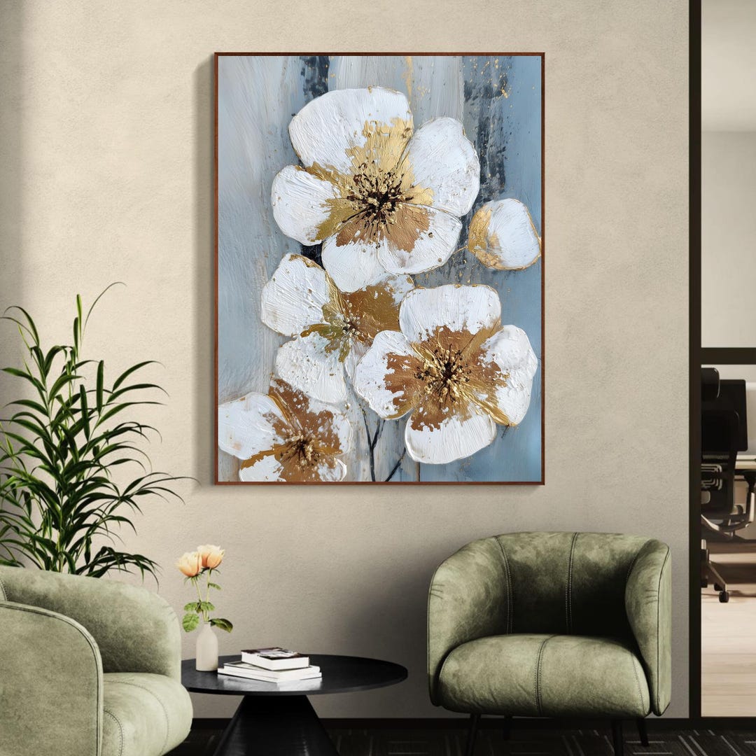 Original Floral Oil Painting, Modern White Gold Flower Canvas Art ...