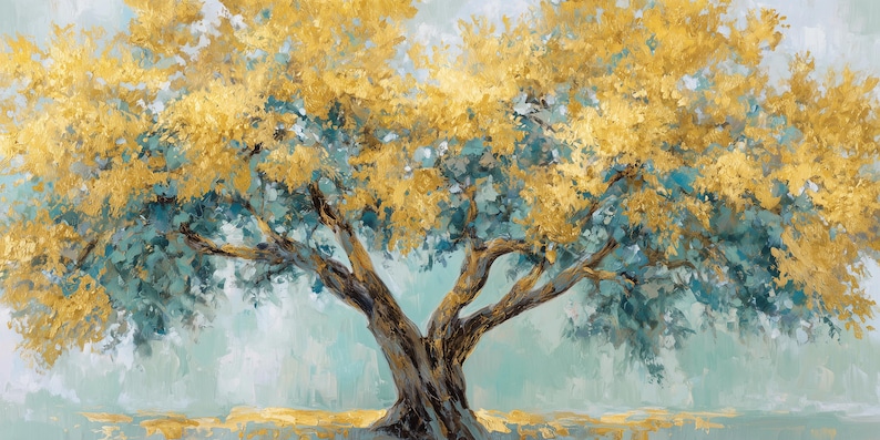 Original Palette Knife Tree Oil Painting, Modern Large Abstract Gold ...