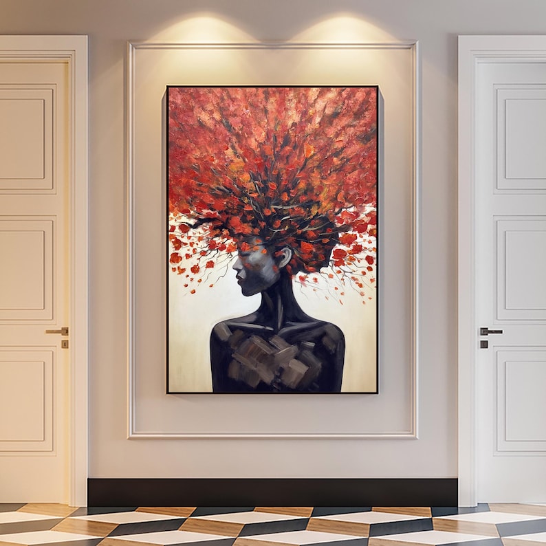 Original Woman Oil Painting, Hand Painted Abstract Afro Tree Portrait ...