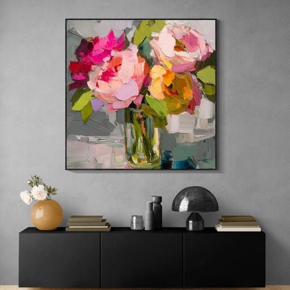 Original Palette Knife Floral Oil Painting, Handmade Textured Flower Bouquet Art, Impasto Peony Still Life, Large Modern Colorful Wall Decor