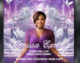 Anuncio funerario de Purple Rose / Volante conmemorativo digital / Plantilla de obituario / En memoria amorosa / Plantilla de Canva para celebrar la vida