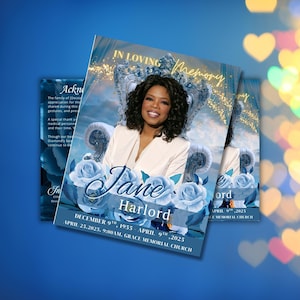 Peut inclure: Une carte commémorative avec une photo d'Oprah Winfrey, le texte "In Loving Memory" et "Jane Harlord". Le design comprend des roses bleues et les dates du 9 décembre 1955 au 9 avril 2025. Fond bleu.