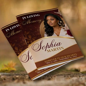 May include: A funeral program booklet featuring a dark brown and cream color scheme with gold accents. The cover displays the text IN LOVING MEMORY, the name Sophia Martin, and the dates May 12, 1984 – September 10, 2002, with a portrait photo.