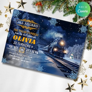 Op de afbeelding: Een feestelijke uitnodiging voor Olivia's verjaardag, met als thema de Polar Express. Het ontwerp toont een stoomtrein op rails, sneeuwvlokken en de tekst "ALL ABOARD". De uitnodiging bevat datum, tijd en locatie.