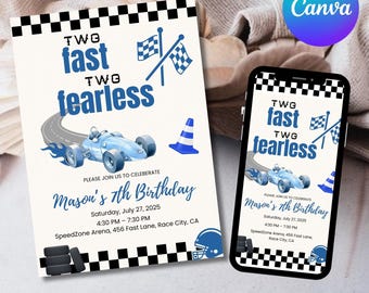 Two Fast Race Car Birthday Invitation, 2nd Birthday, Canva Template (Digital Download)