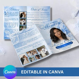 May include: A funeral program template featuring a light blue floral background. The front cover displays a portrait of Naomi Carter with the text In Loving Memory. The interior pages include sections for an obituary, order of service, and acknowledgments.