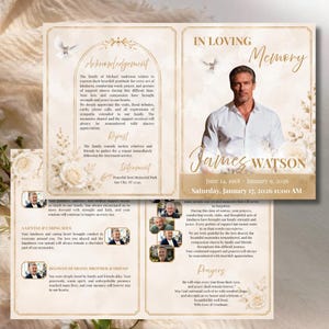 May include: A funeral programme featuring a portrait of a man in a white shirt, the text In Loving Memory James Watson, dates 14 June 1968 – 9 January 2026, and 17 January 2026, with floral accents, doves, and written acknowledgments and prayers.