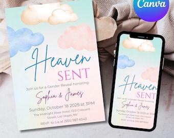 Heaven Sent Gender Reveal Invitation: Cloud Design (Digital Template 5x7)