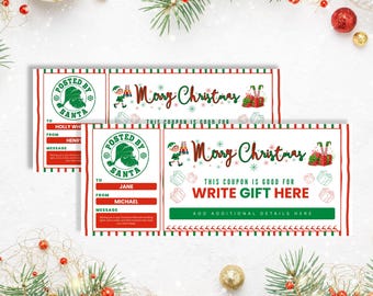 Può includere: Due buoni regalo di Natale con bordi rossi e verdi. I buoni dicono "Inviato da Babbo Natale" e "Buon Natale". Un buono è indirizzato a Holly, da Henry. L'altro è indirizzato a Jane, da Michael. I buoni hanno spazio per scrivere un regalo.