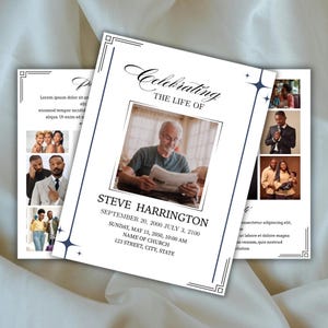Peut inclure: Une carte de deuil blanche avec une bordure décorative noire et le texte "Celebrating THE LIFE OF" au-dessus d'une photo d'un homme lisant un journal. La carte comprend le nom "STEVE HARRINGTON" et des dates.