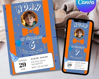 Blue and Orange Birthday Invitation Template: Editable Photo Invite (5x7 inches, Digital Download)