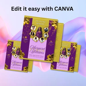 May include: A stack of memorial cards with a purple and gold design. The cards feature a photo of a woman, surrounded by smaller photos, and the text "In Loving Memory" and "Margaret Williams". The cards also include the text "Edit it easy with CANVA".