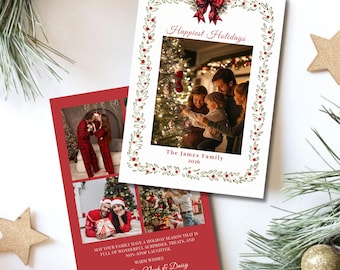 Puede incluir: Dos tarjetas de Navidad con fotos familiares. Una tarjeta tiene una foto enmarcada por una corona verde y roja, con el texto "Happiest Holidays" y "The James Family 2026." La otra tarjeta es roja con fotos familiares y texto.