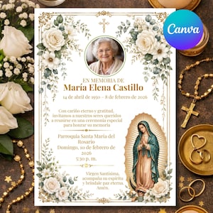 Puede incluir: Una tarjeta conmemorativa funeraria con el retrato de María Elena Castillo, texto en español y una ilustración de la Virgen de Guadalupe. El diseño está enmarcado por rosas blancas y follaje verde con detalles dorados sobre fondo blanco.