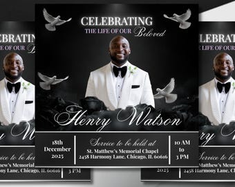 Plantilla de Canva para anuncio de funeral de Black Rose, obituario y conmemoración (descarga digital)