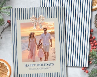 Christmas Photo Card Template, Bow Stripe Design (Canva Editable, Instant Download)
