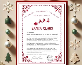 May include: A festive Christmas letter from Santa Claus, with a red border and decorative flourishes. The letterhead reads "From the Desk of Santa Claus" with a sleigh and reindeer graphic. The letter is addressed to "Emma".