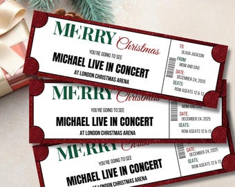 Entrada de Navidad editable, entrada sorpresa para concierto, evento personalizado, entrada para concierto, tarjeta de regalo imprimible, plantilla de Canva