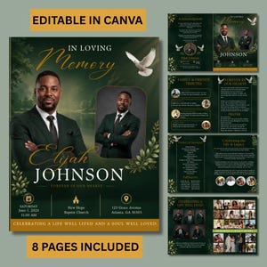 May include: A funeral programme template featuring a dark green background with gold text, a portrait of a man in a suit, and white doves. The design includes sections for In Loving Memory, Elijah Johnson, service details, tributes, and photo collages.